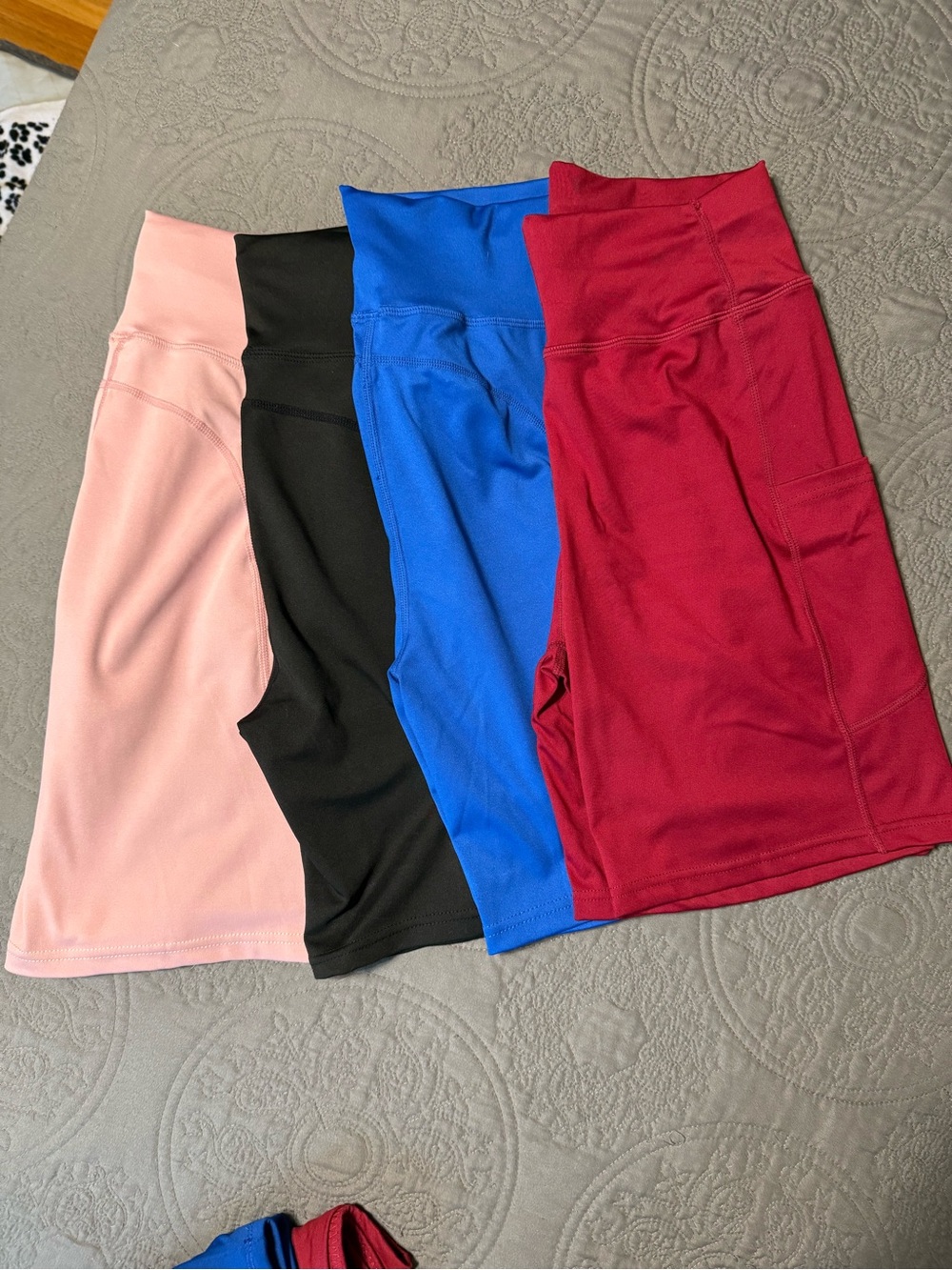 Women’s High-Waist Bike Shorts - Pink, Black, Blue, Burgundy with pockets.